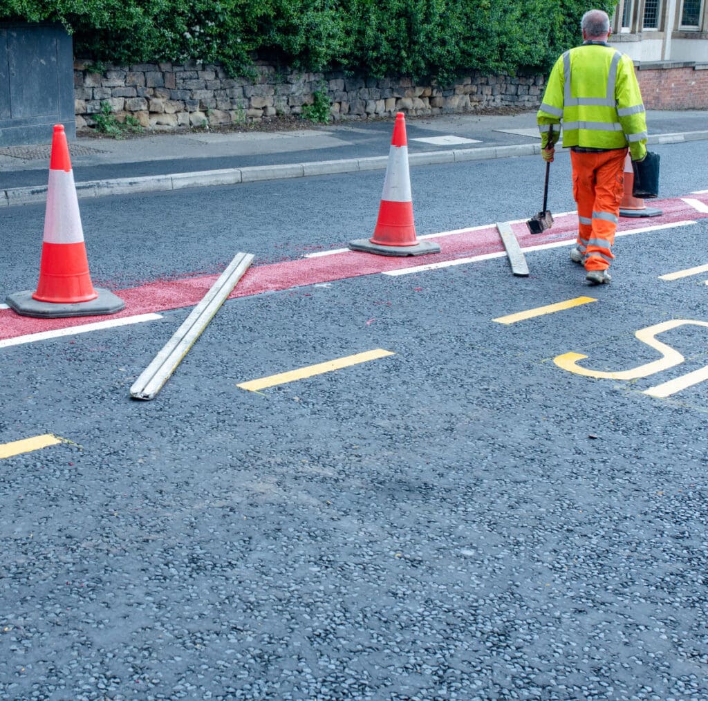 traffic cones on roadway pavement markings