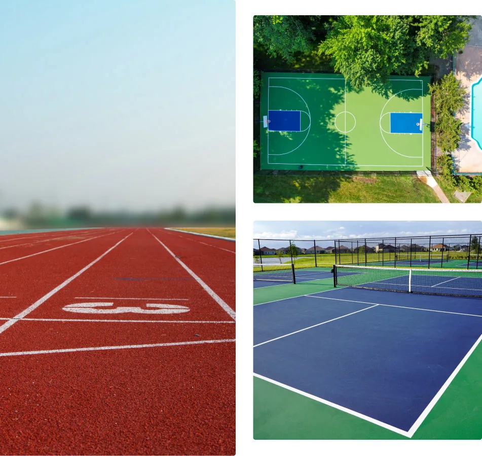 collage grid of a track, pickleball court, and an outdoor basket ball court
