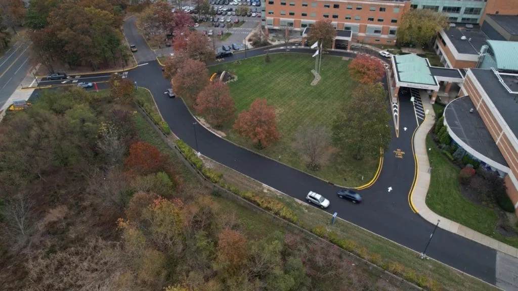 aerial view of a hospital and driveway