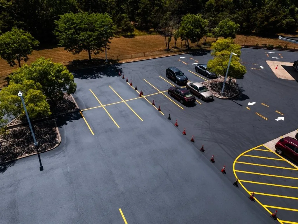 aerial view of a sealcoated parking lot