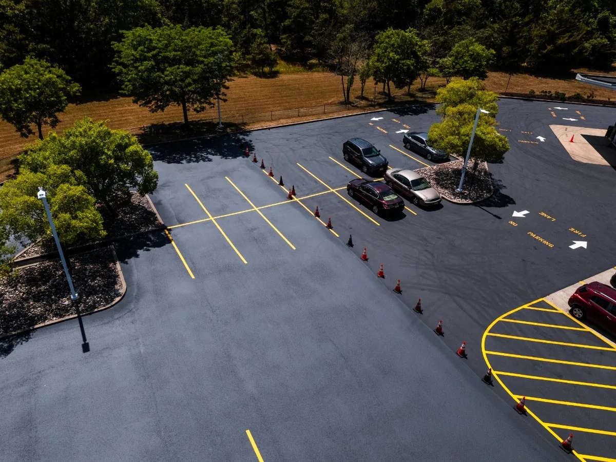 aerial view of a sealcoated parking lot