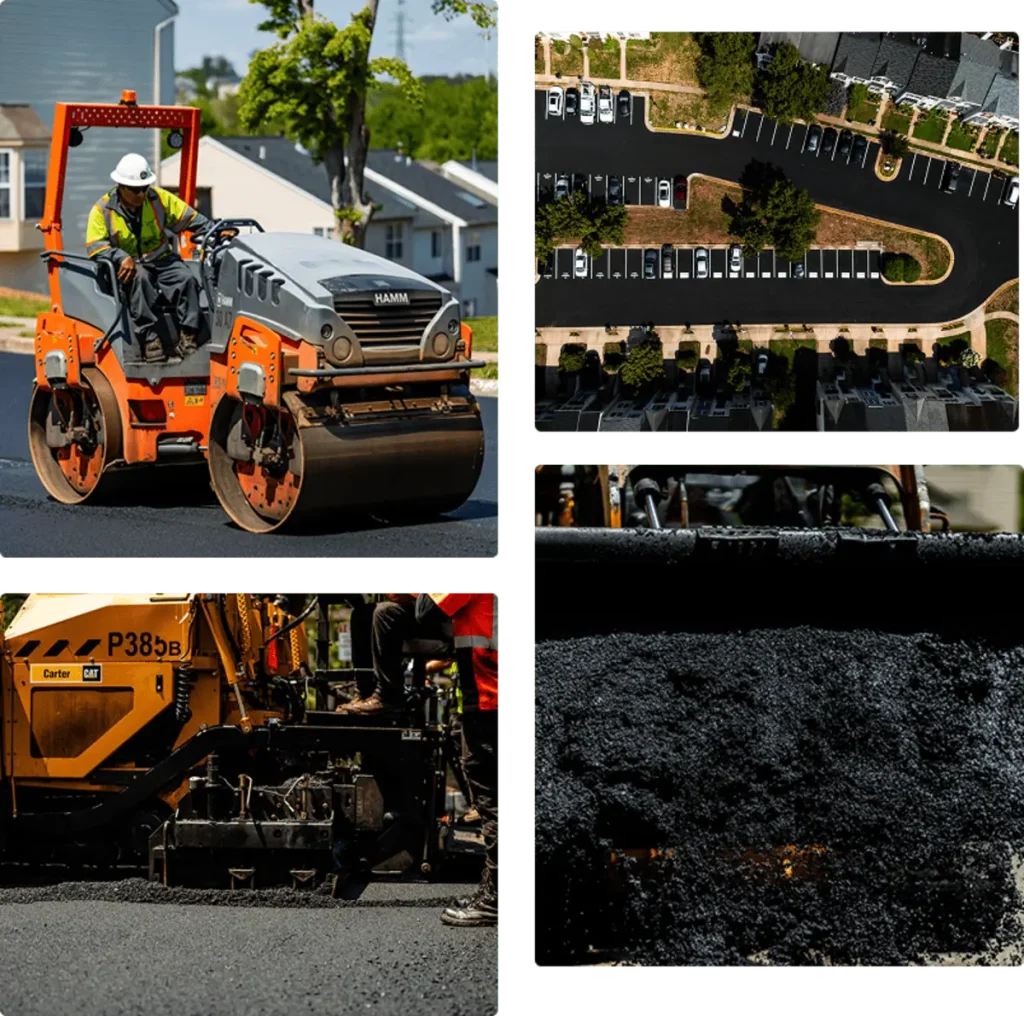 collage of 4 pictures of asphalt paving