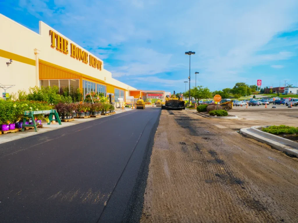 new asphalt paving in a home depot parking lot