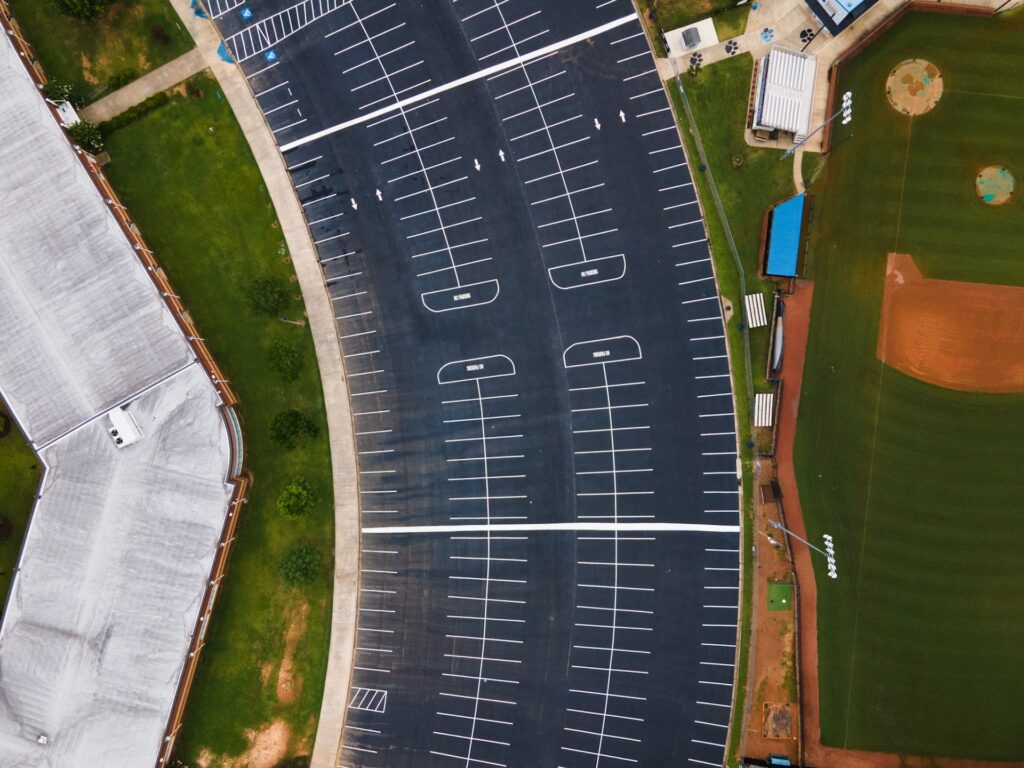 Aerial view of parking lot paved by Blackjack Paving company in Maryland.