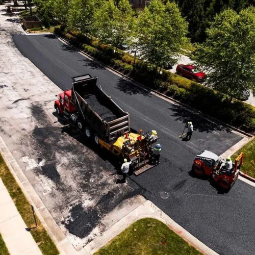 Aerial view of commercial paving job with Chamberlain Contractors.