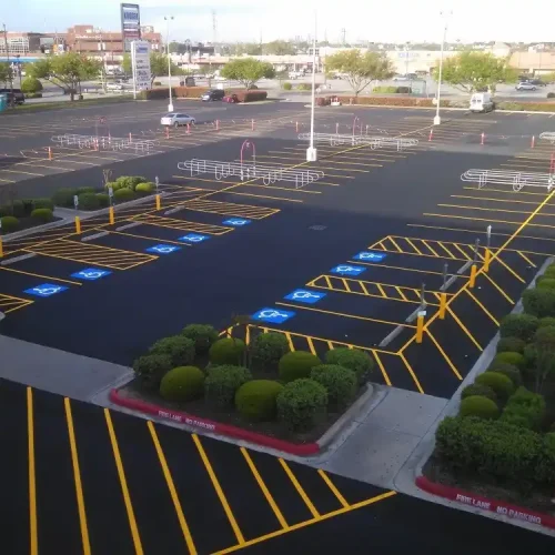 Aerial view of parking lot paving and line striping completed by Kansas Asphalt.